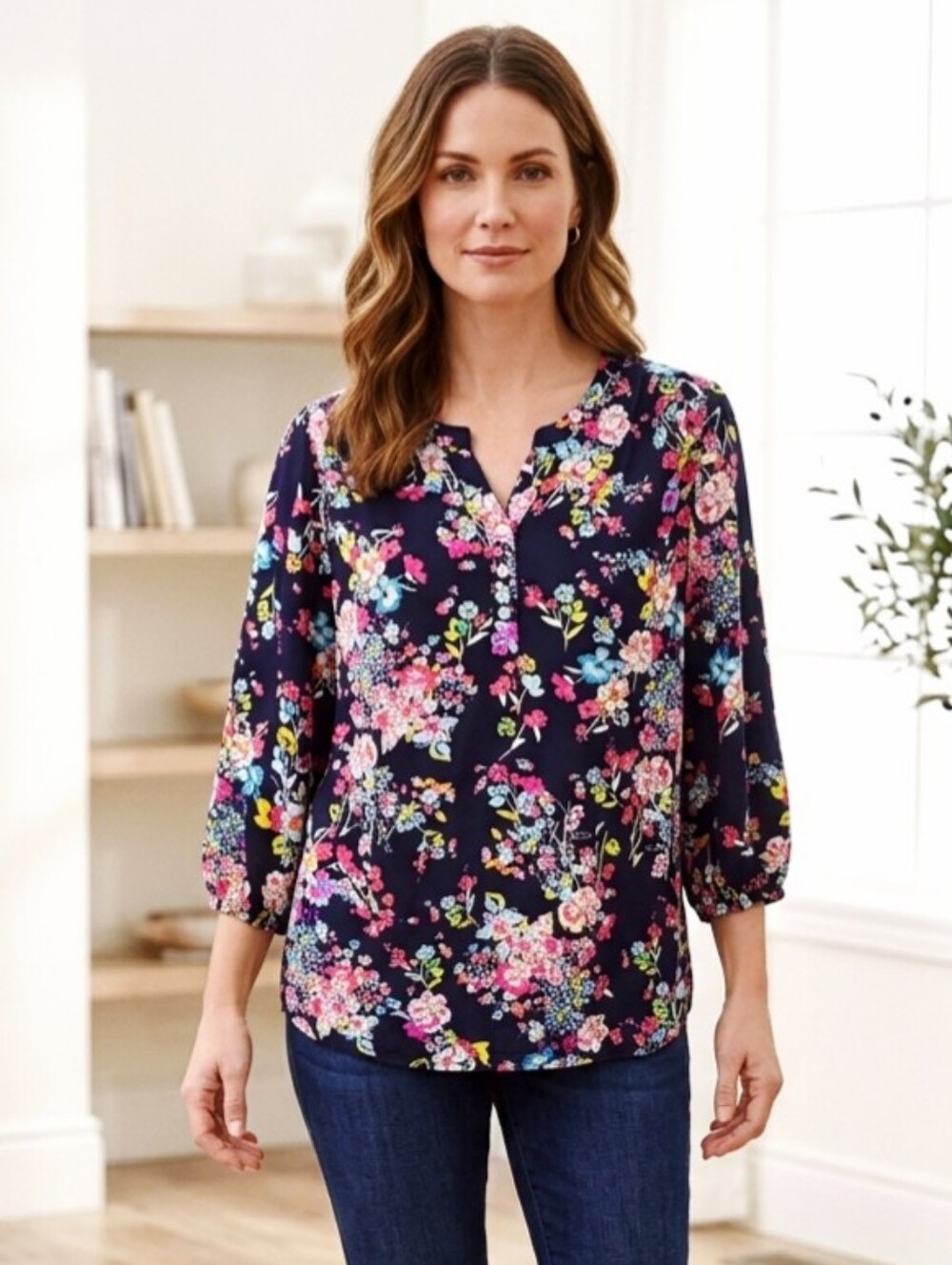 JESSICA Navy Floral 3/4 Sleeve Rayon Blouse size M petite